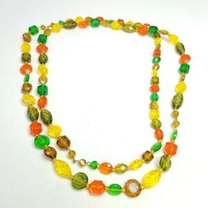 Vintage Long Beaded Single Strand Yellow Green Orange Plastic Necklace, 60s 70s